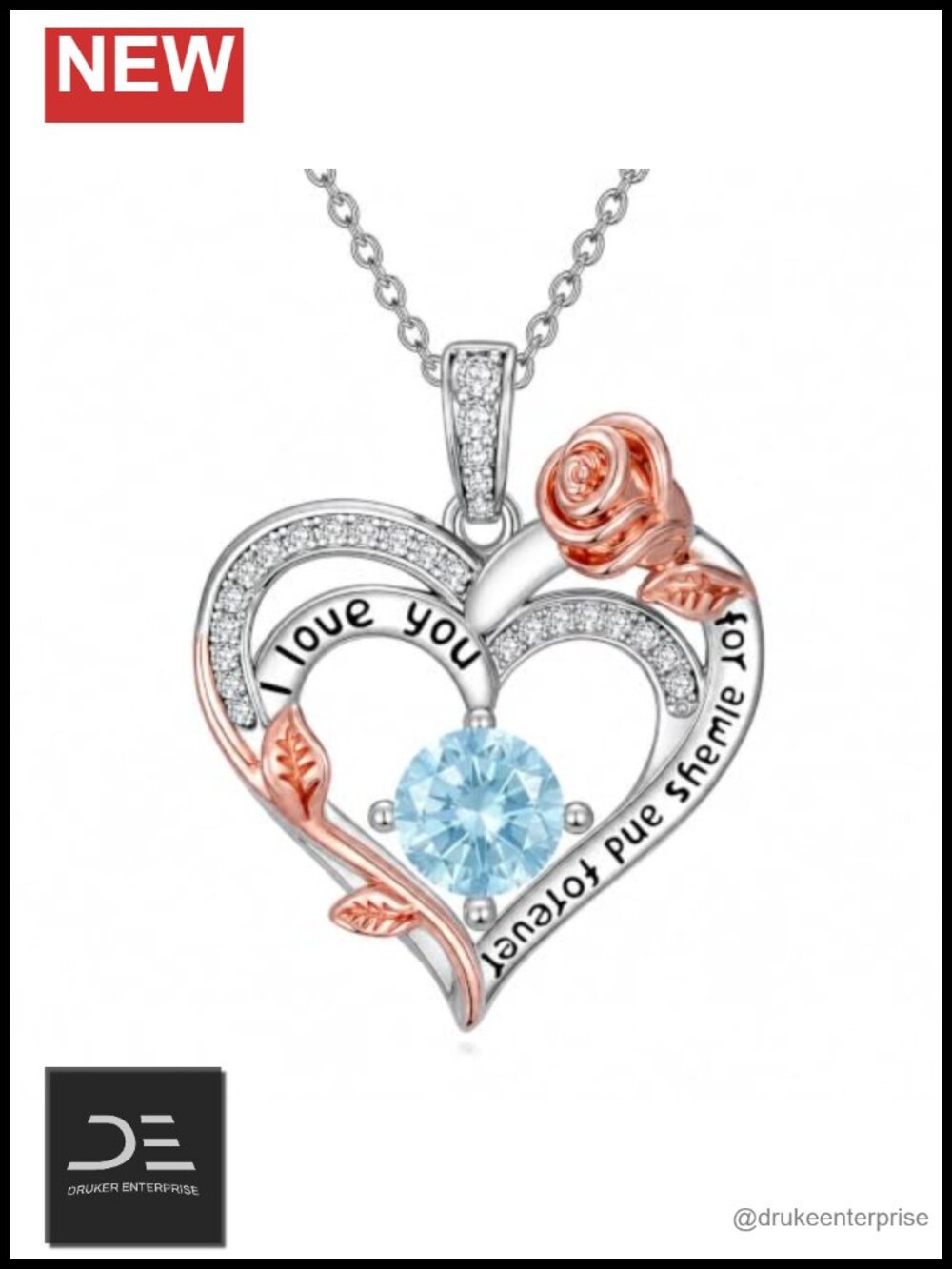 Rose Heart Birthstone Pendant Necklace Cubic Zirconia 18in Gift for Her
